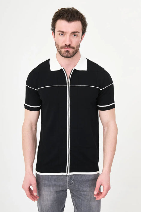 Black Quilted Knit Full-Zip Polo Shirt