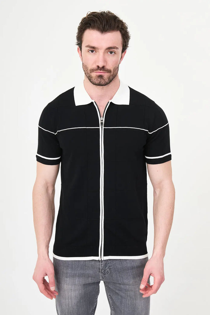Black Quilted Knit Full-Zip Polo Shirt