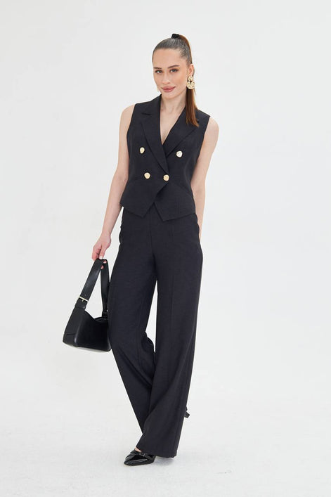 Black Sleeveless Vest & Wide Leg Pants