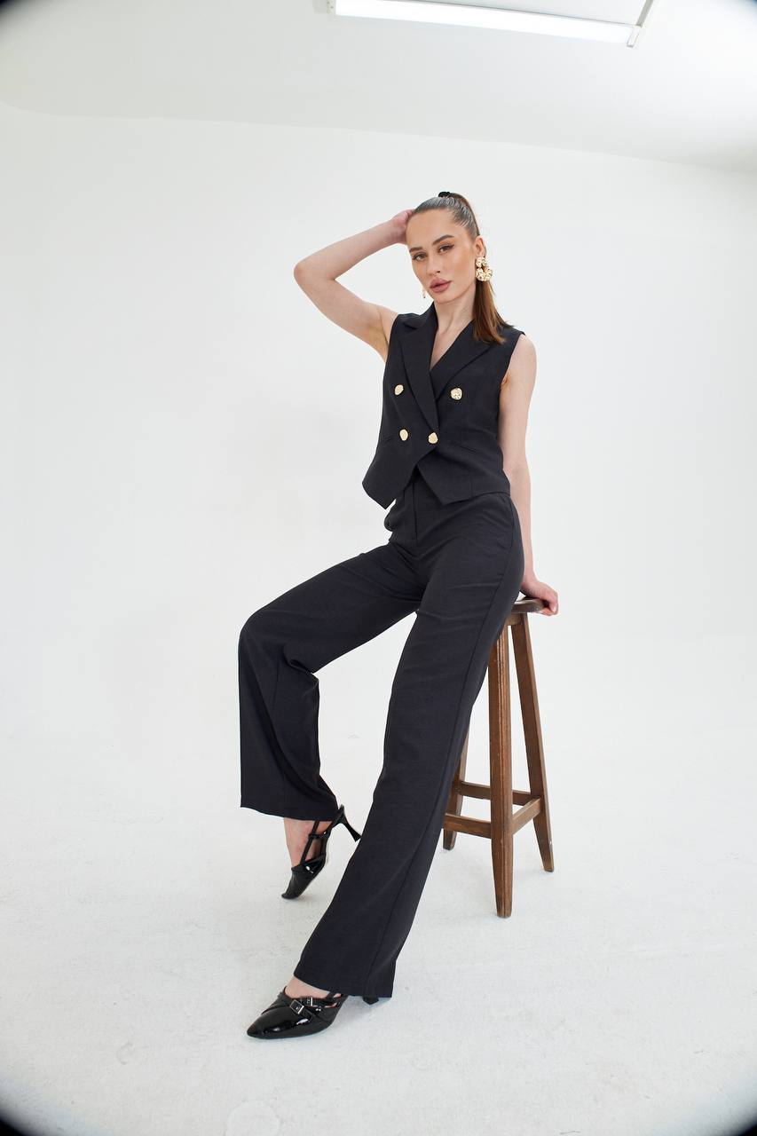 Black Sleeveless Vest & Wide Leg Pants