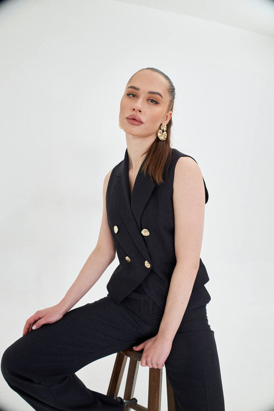 Black Sleeveless Vest & Wide Leg Pants