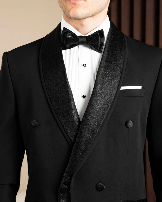 Black Sparkle Shawl Collar Double Breasted Tuxedo