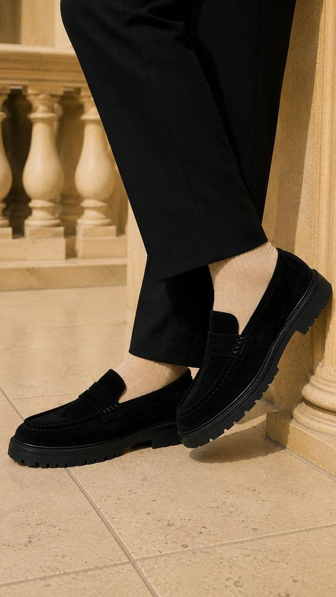 Black Suede Chunky Penny Loafers