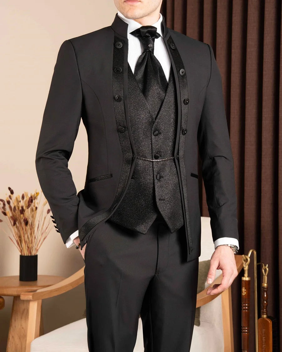 Black Slim Fit Mandarin Collar Tuxedo