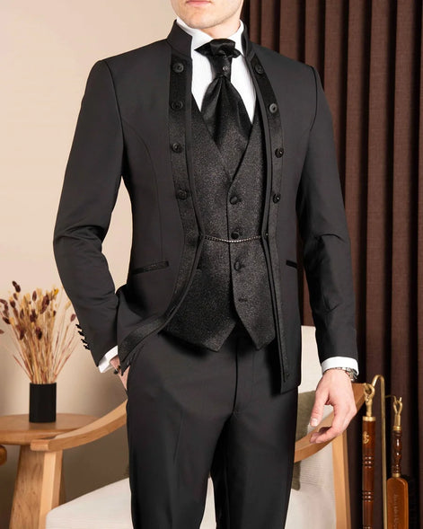 Black Slim Fit Mandarin Collar Tuxedo