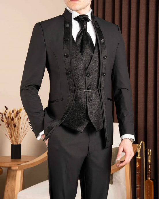 Black Slim Fit Mandarin Collar Tuxedo