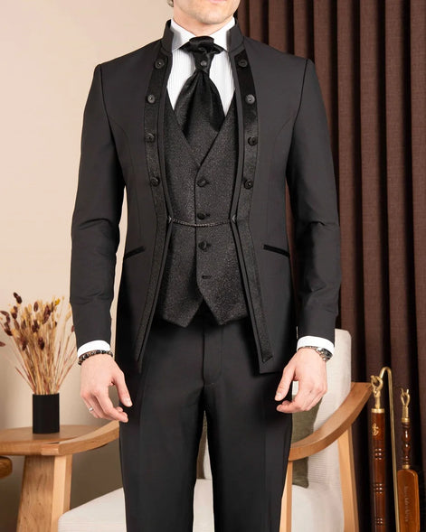 Black Slim Fit Mandarin Collar Tuxedo