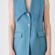 Blue Longline Vest Wide Leg Pants Suit Set