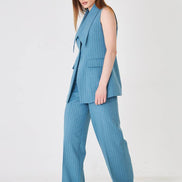 Blue Longline Vest Wide Leg Pants Suit Set