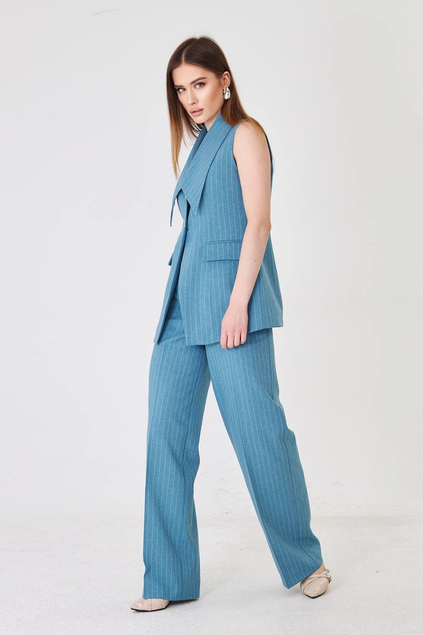 Blue Longline Vest Wide Leg Pants Suit Set