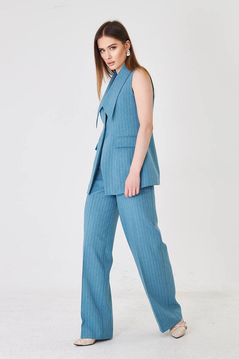 Blue Longline Vest Wide Leg Pants Suit Set