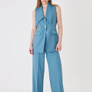 Blue Longline Vest Wide Leg Pants Suit Set