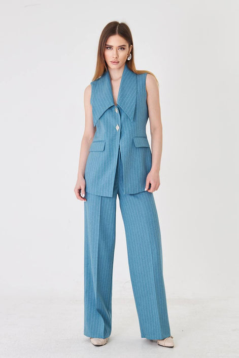 Blue Longline Vest Wide Leg Pants Suit Set