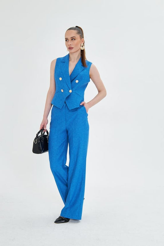 Blue Sleeveless Vest & Wide Leg Pants