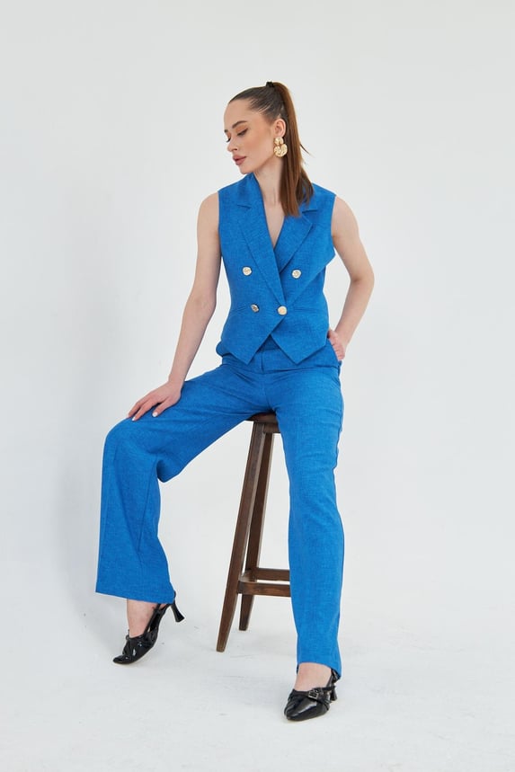 Blue Sleeveless Vest & Wide Leg Pants