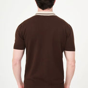 Brown Pointelle Knit Button-Down Polo Shirt