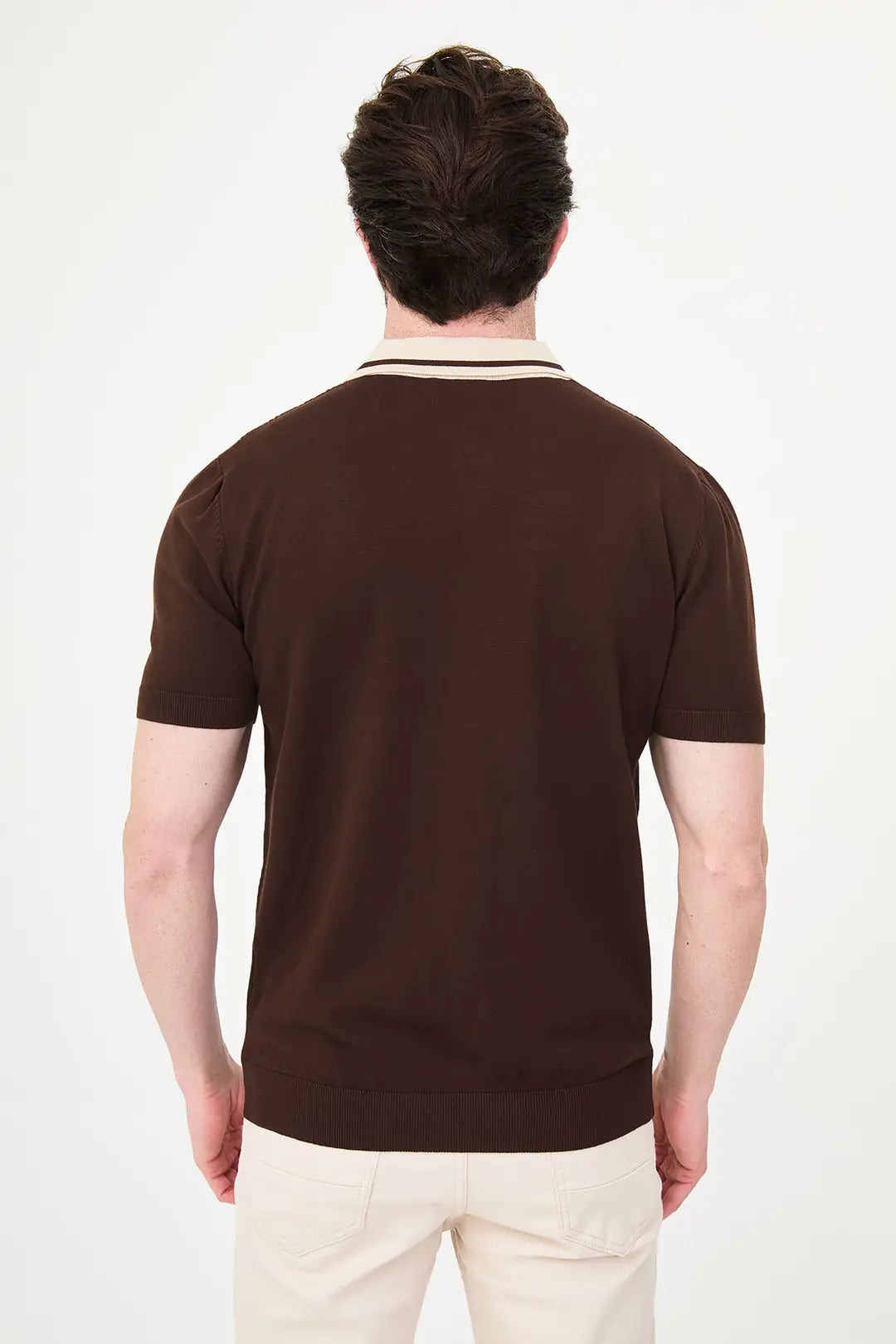 Brown Pointelle Knit Button-Down Polo Shirt
