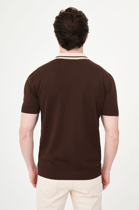 Brown Pointelle Knit Button-Down Polo Shirt