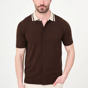 Brown Pointelle Knit Button-Down Polo Shirt
