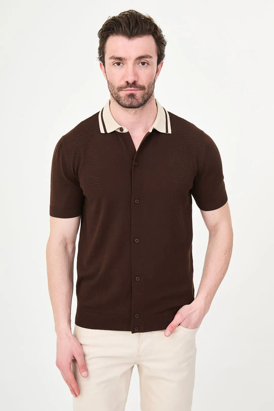Brown Pointelle Knit Button-Down Polo Shirt