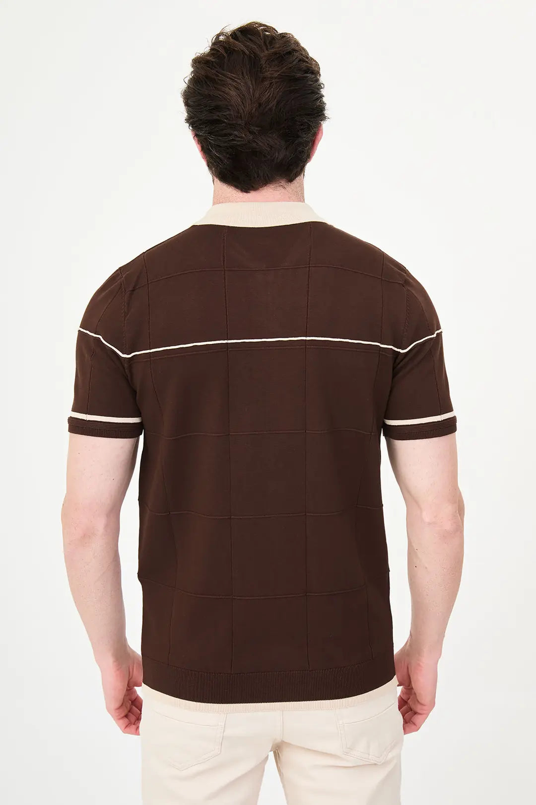 Brown Quilted Knit Full-Zip Polo Shirt