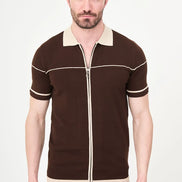 Brown Quilted Knit Full-Zip Polo Shirt