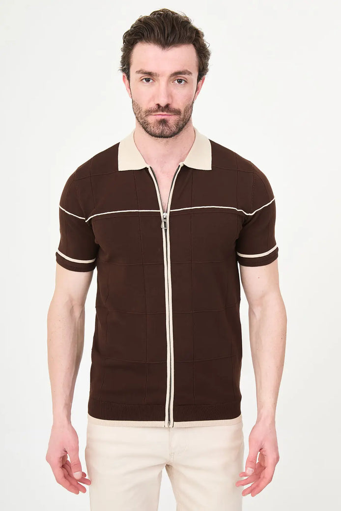 Brown Quilted Knit Full-Zip Polo Shirt