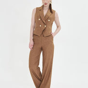 Brown Sleeveless Vest & Wide Leg Pants