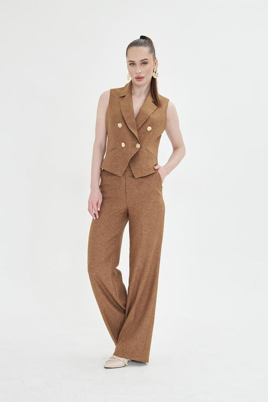 Brown Sleeveless Vest & Wide Leg Pants