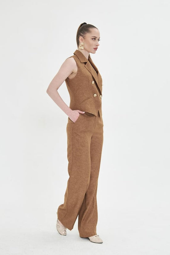 Brown Sleeveless Vest & Wide Leg Pants