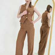 Brown Sleeveless Vest & Wide Leg Pants
