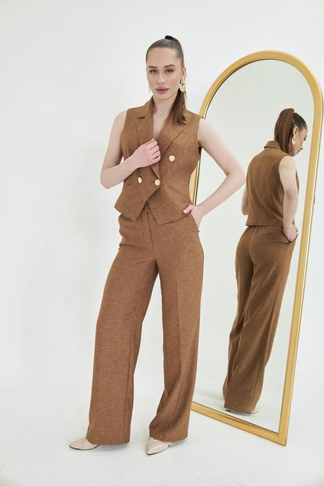 Brown Sleeveless Vest & Wide Leg Pants