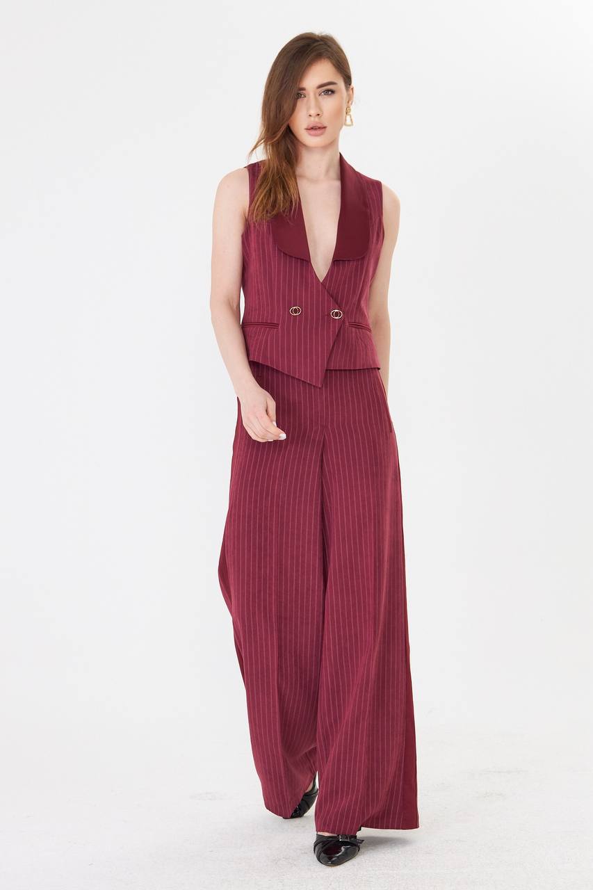 Burgundy Pinstripe Cropped Vest Suit Set
