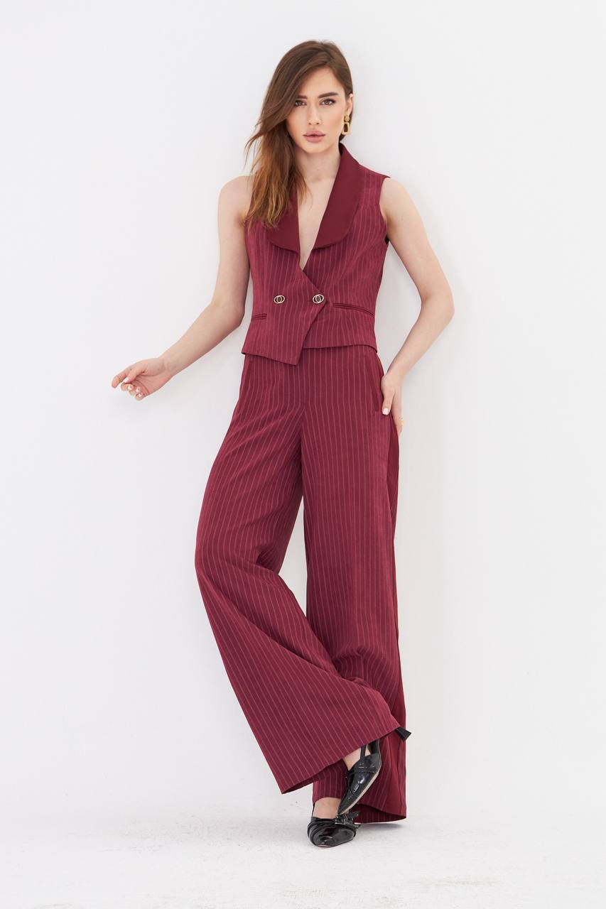 Burgundy Pinstripe Cropped Vest Suit Set