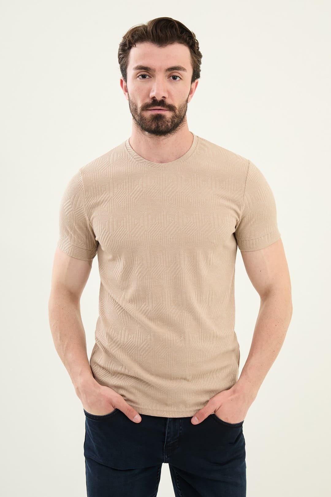 Checkered Beige Crew Neck T Shirt