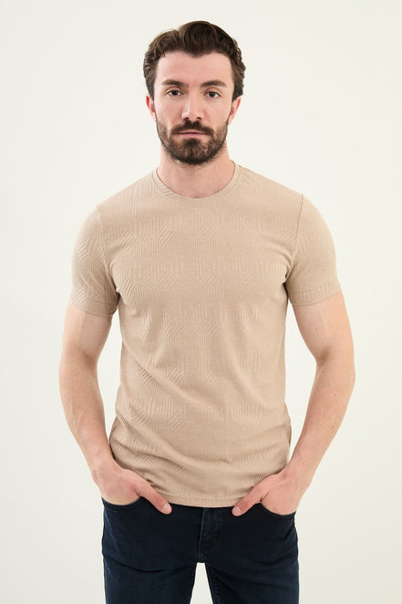 Checkered Beige Crew Neck T Shirt