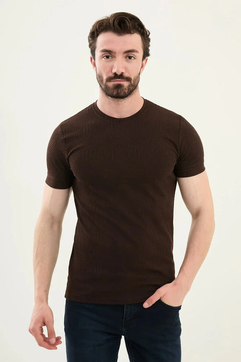 Checkered Brown Crew Neck T Shirt
