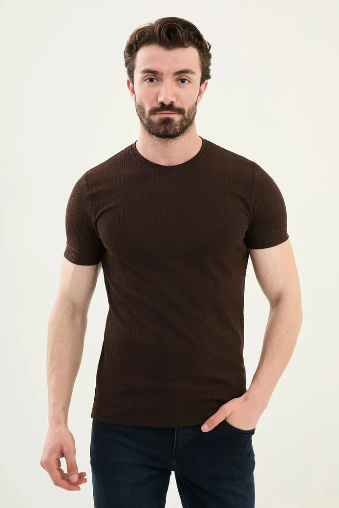 Checkered Brown Crew Neck T Shirt