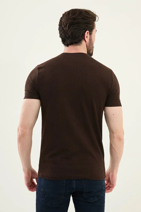 Checkered Brown Crew Neck T Shirt