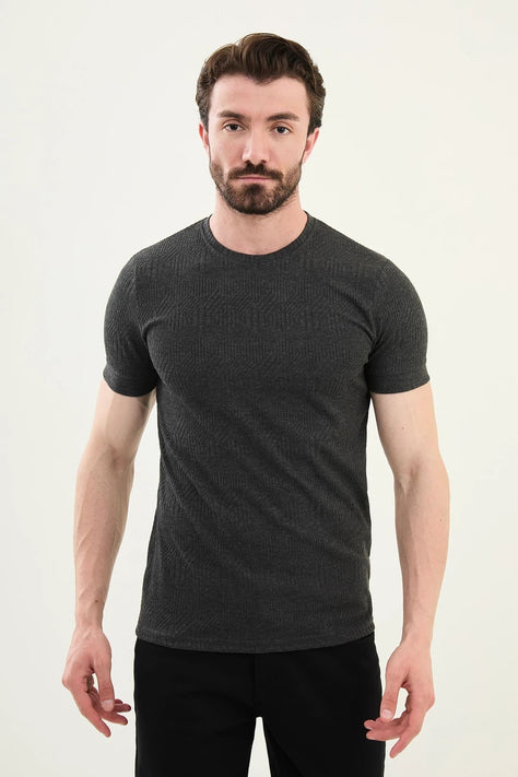 Checkered Dark Gray Crew Neck T Shirt