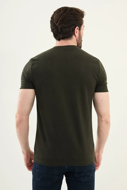 Checkered Khaki Crew Neck T Shirt