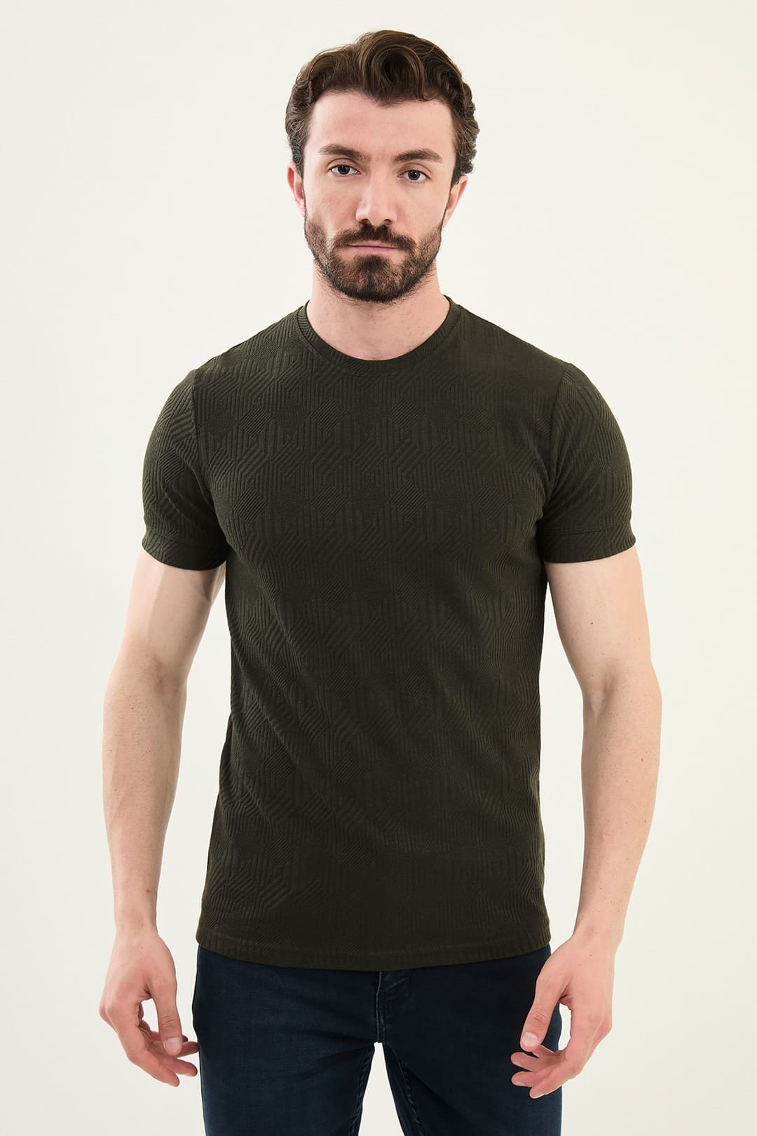 Checkered Khaki Crew Neck T Shirt