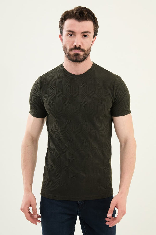 Checkered Khaki Crew Neck T Shirt