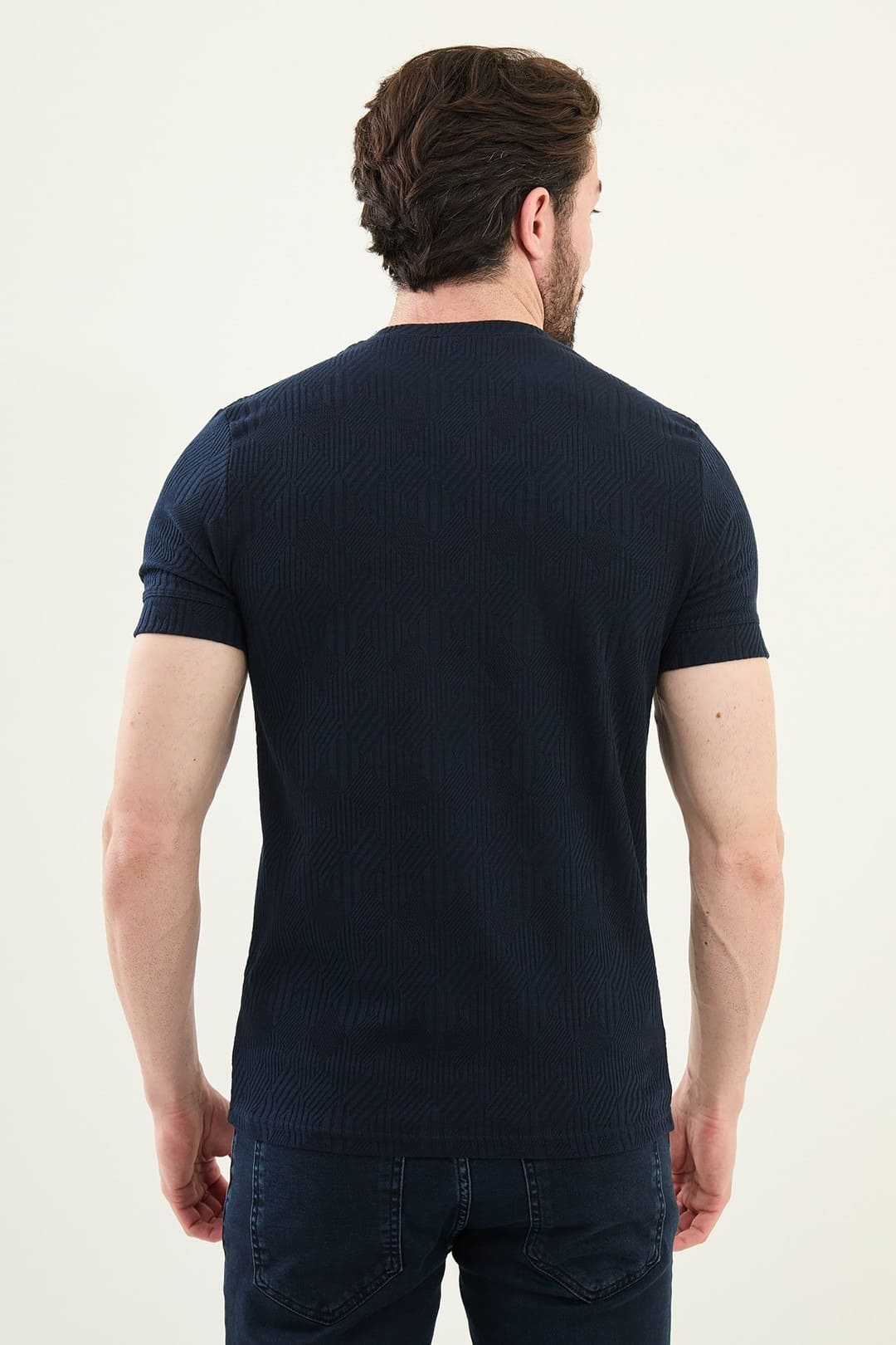 Checkered Navy Blue Crew Neck T Shirt