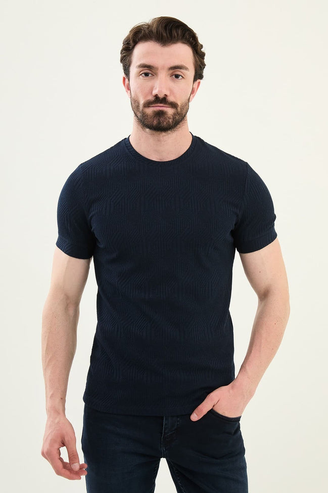 Checkered Navy Blue Crew Neck T Shirt