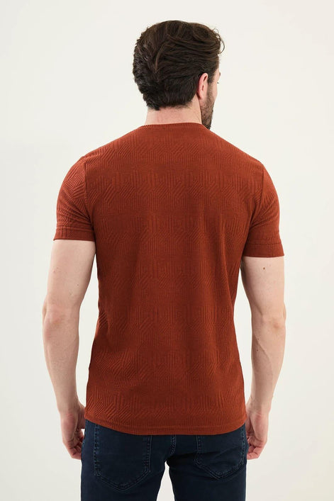 Checkered Rust Brown Crew Neck T Shirt