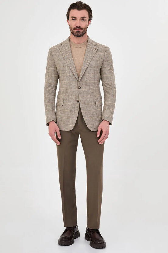 Beige Checkered Wool Blazer