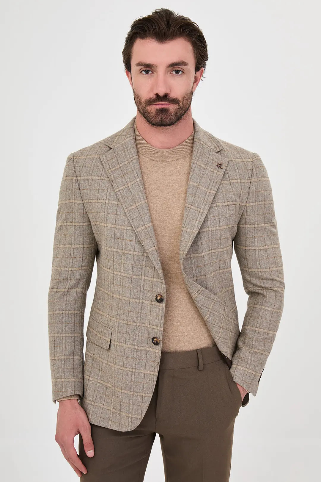 Checkered Wool Blazer Beige