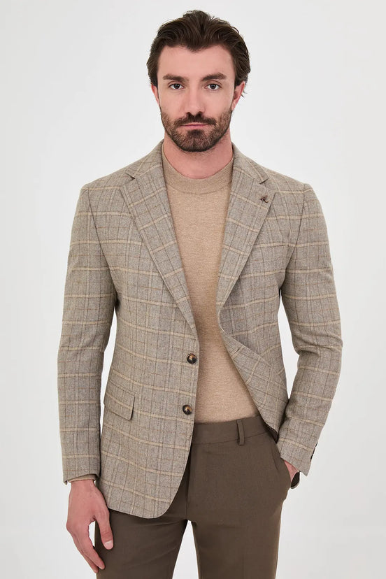 Checkered Wool Blazer Beige