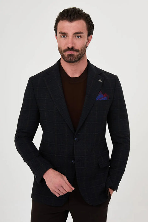 Checkered Dark Blue Wool Blazer